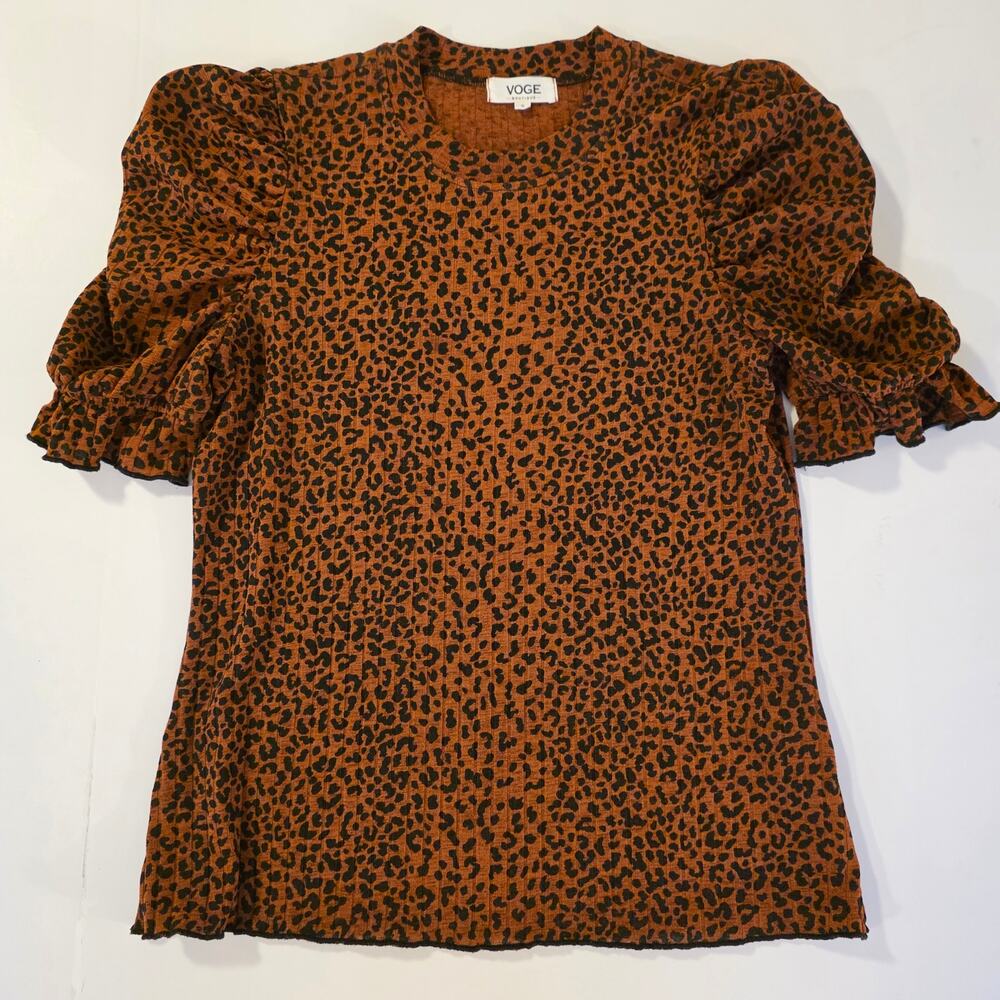 Vogel Boutique Small Animal Print Cheetah Top Ruched Short Sleeve EUC